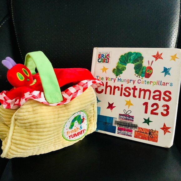 The Very Hungry Caterpillar Eric Carle Plush Picnic Basket + Christmas Book Set - Picture 1 of 13